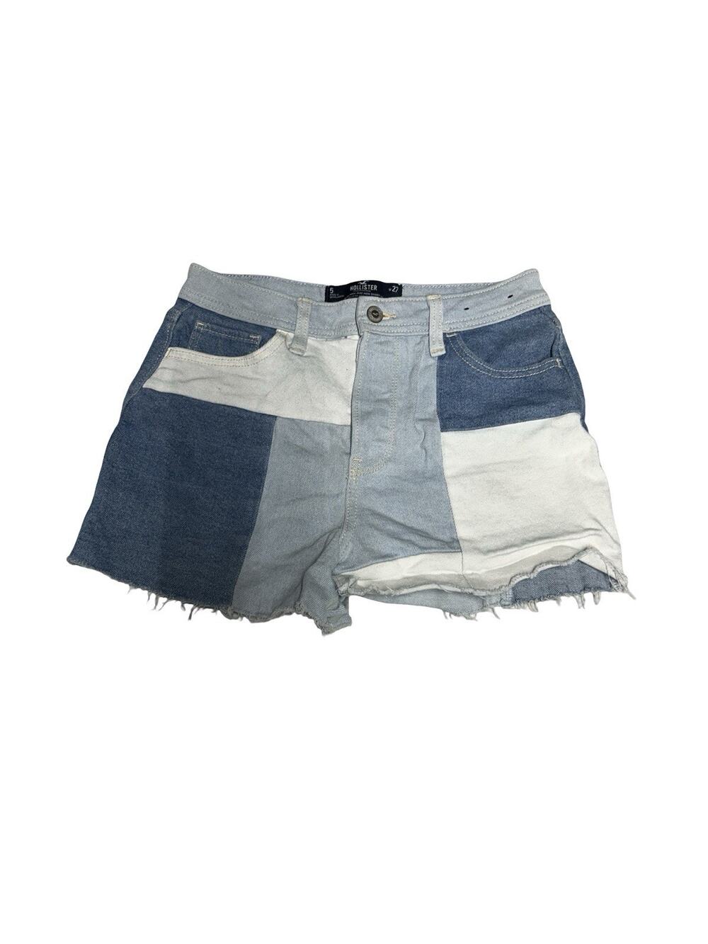 Hollister Patchwork Mom Denim Shorts High Rise Frayed Hem Womens Size 5 W27 Blue